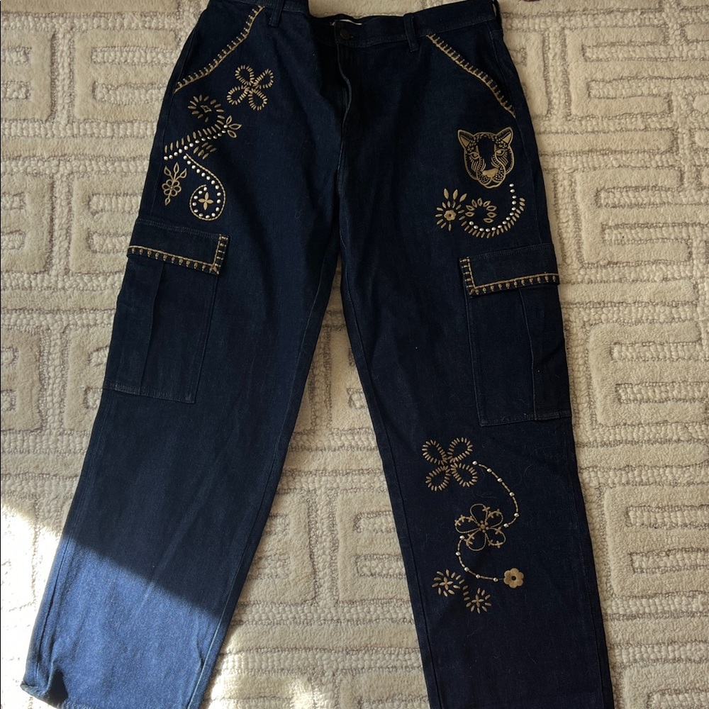 Johnny Was Dark Cargo Blue Jeans with  Patch detail - Picture 5 of 11